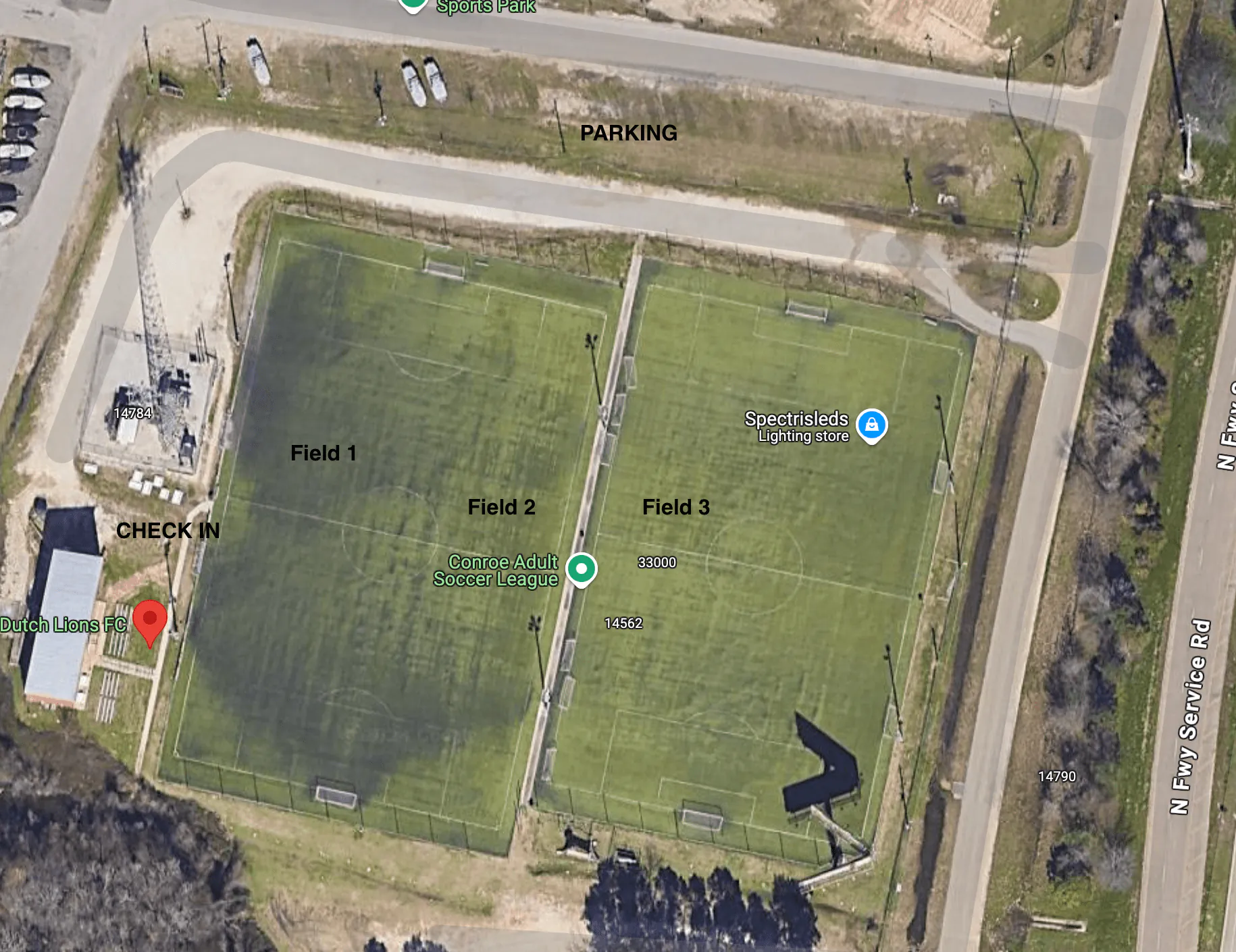 Satellite map of the Houston Dutch Lions FC complex with the fields marked