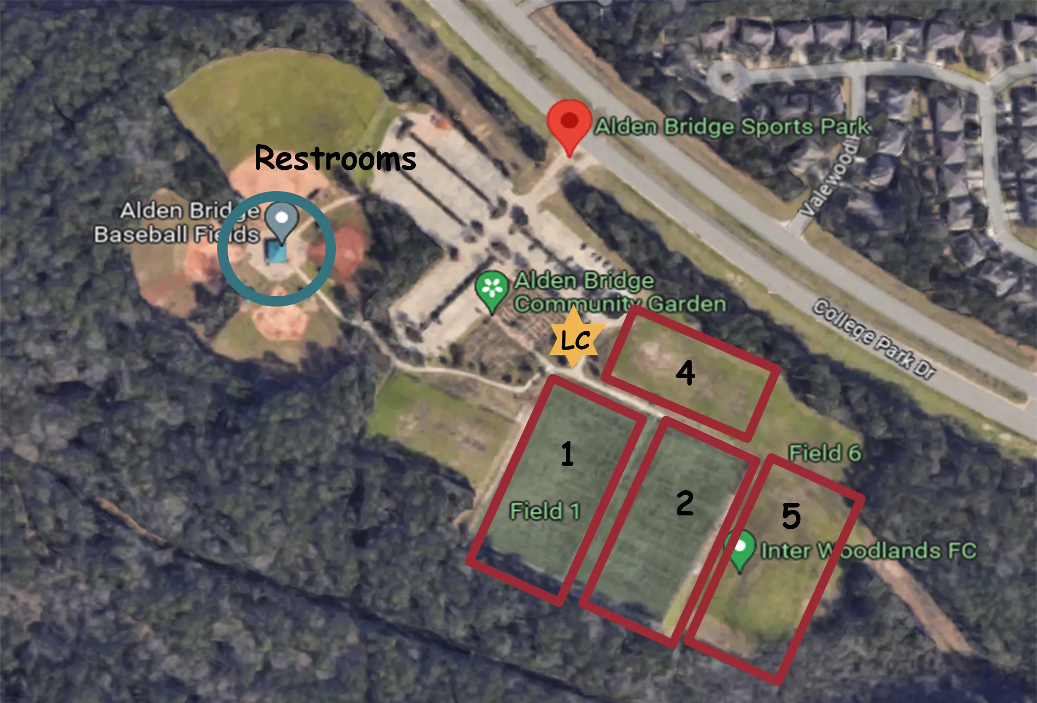 Satellite map of Alden Bridge Sports Park with fields 1, 2, 4 and 5 and the restrooms marked