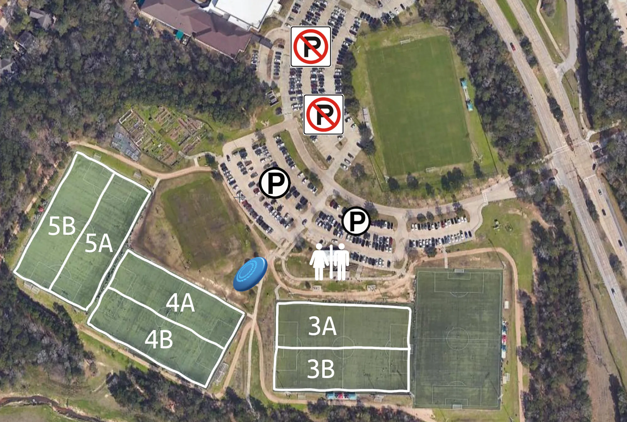 Satellite map of Bear Branch Sportsfields with the fields marked
