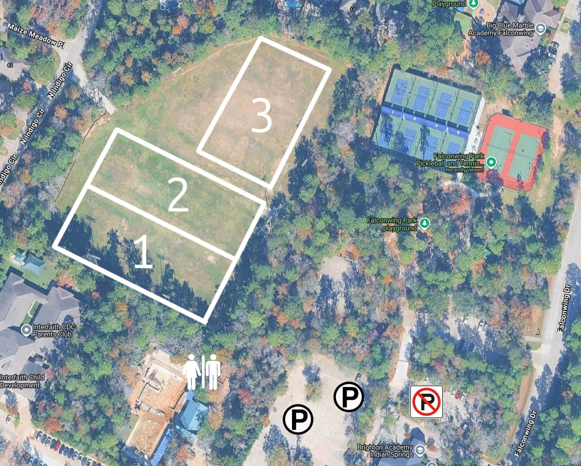 Satellite map of Falconwing Park with the fields marked
