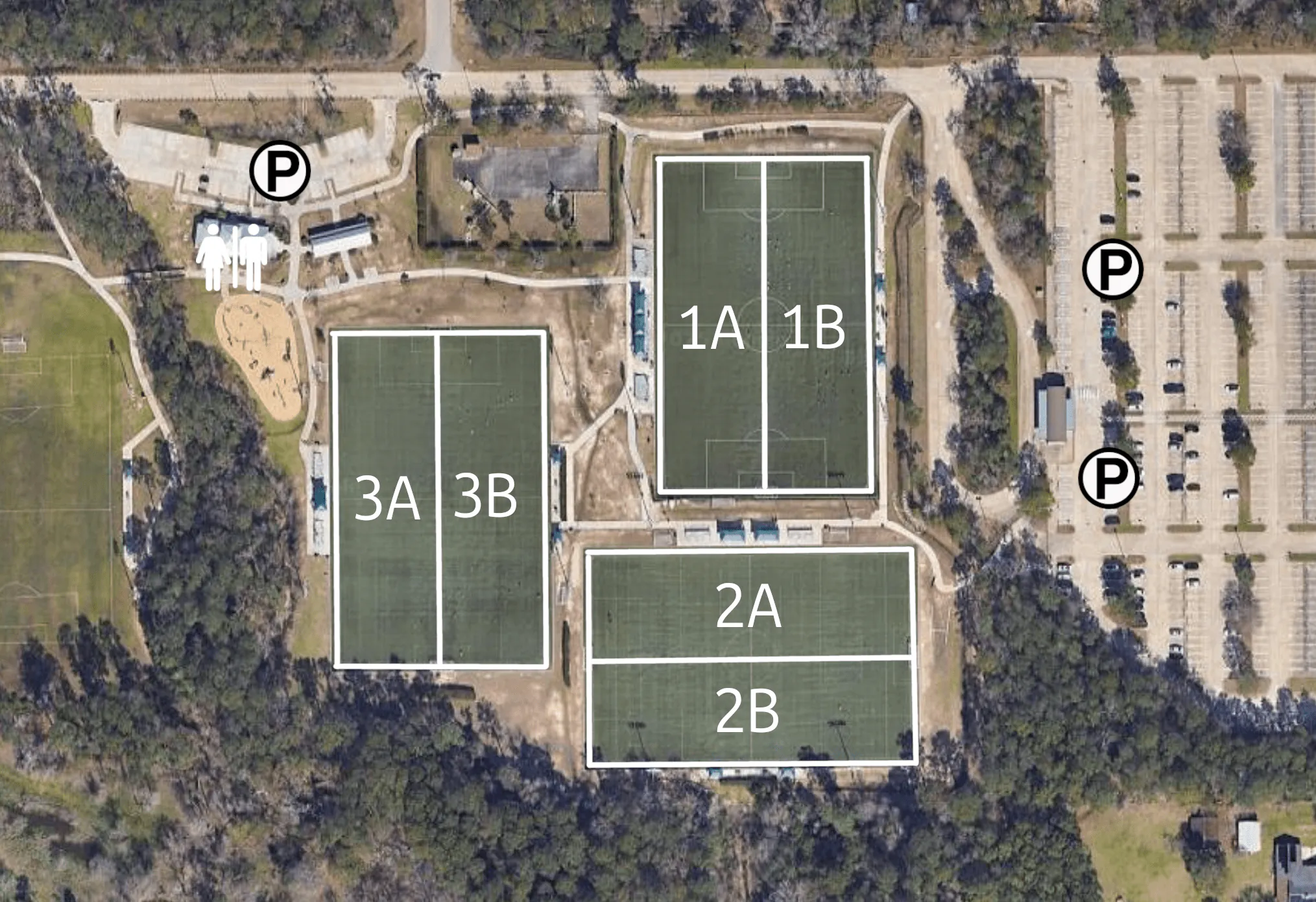 Satellite map of Gosling Sports Fields with fields 1A, 1B, 2A, 2B, 3A and 3B, the parking lots and the restrooms marked